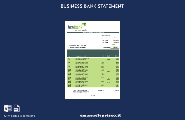 modello di modello Word e PDF di estratto conto aziendale HSA Bank in stile veri